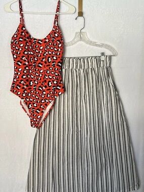 Cupshe Red Leopard Print Swimsuit & Deja Bleu 100% Cotton Striped Skirt Set Sz M